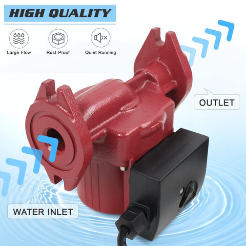 115V 1 Inch FNPT Flanged Hot Water Recirculating Pump With 3 Speed Switchable Circulation red body front view