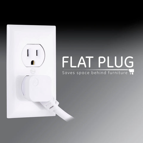 Flat plug of 6-Outlet Surge Protector Power Strip Set with 2 Ft Extension Cords, 620 Joules, wall socket view, UL Listed, White.