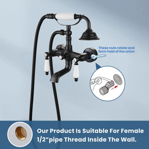 Vintage Victorian Style Wall Mount Bathtub Faucet Set With Telephone Handheld Sprayer Double Hot And Cold Mixer Lever Handles