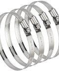 Set of four 4-inch stainless steel hose clamps with worm-drive screws, 304 stainless, angled side view