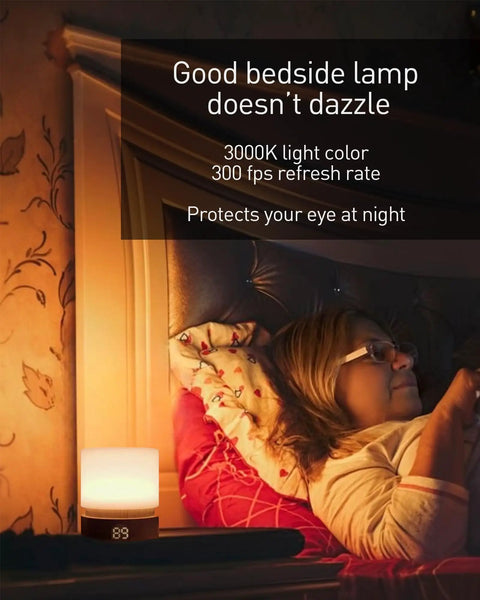 Woman reading by dimmable LED night light with timer for nursery and kids bedroom, woodgrain bedside lamp, warm 3000K glow