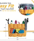 Pro Grade Janitorial Bundle with Heavy Duty Trash Can Caddy Bag for 32 to 55 Gallon Cans, cleaning supplies in pockets visible.
