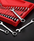 Must Have Ratcheting Wrench Set 22-Piece Metric And SAE Chrome Vanadium 72-Tooth Ratchet displayed in red organizer case