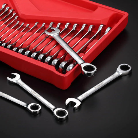 Must Have Ratcheting Wrench Set 22-Piece Metric And SAE Chrome Vanadium 72-Tooth Ratchet displayed in red organizer case