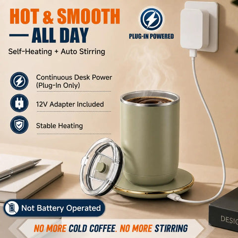 Gotta Have This Self Stirring Heated Coffee Mug With 10 Oz Auto Magnetic Mixing Cup Sage Green One Touch Electric Blender For Clump Free Coffee And Matcha Perfect Top Shelf Office Essential on a desk with steam rising.