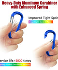 Heavy Duty Aluminum Carabiners Set of 4 Blue 4 Inch D Ring Clips With Spring Snap Hooks For Camping Hiking Keychains Dog Leashes Hammocks And Outdoor Gear Tough As Nails Durable Rock Climbing Clips in hand demonstrating spring action
