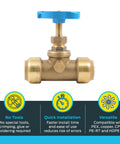 3/4 Inch Brass Push To Connect Stop Valve With Drain And Vent For PEX Copper CPVC PE-RT HDPE Plumbing Fittings Pro Grade