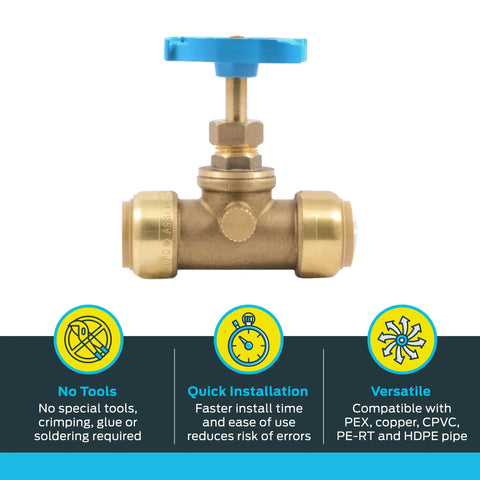 3/4 Inch Brass Push To Connect Stop Valve With Drain And Vent For PEX Copper CPVC PE-RT HDPE Plumbing Fittings Pro Grade