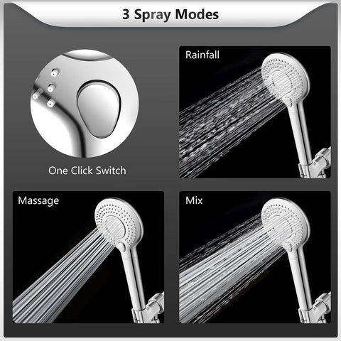 Filtered Shower Head With Handheld For High Pressure Cleansing, 3 spray modes display showing rainfall, massage, and mix options