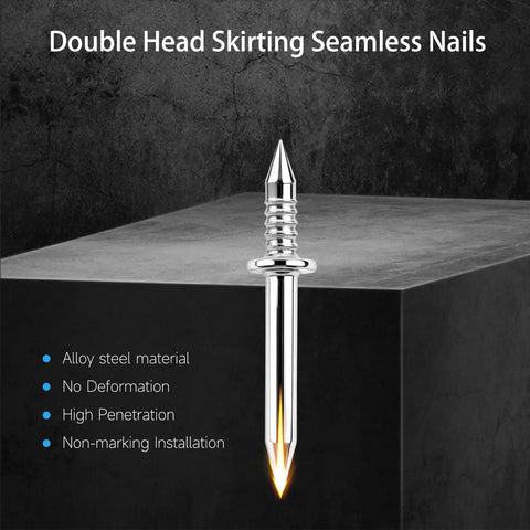 500 Piece Double Headed Finish Nails And Sleeve Tools For Hidden Trim Nails Baseboard Installation Kit With Invisible Nail Fasteners For Molding Wood Trim Home Reno Creations Game Changing Butter Smooth Finish And Pro Level Performance, close-up of double head skirting seamless nail with alloy steel material.
