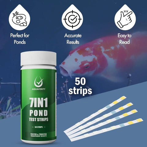 Super Slick 7-in-1 Pond Test Strips Easy-Peezy Water Quality Check for Fish Ponds with 50 Pro-Grade strips visible.