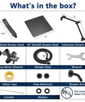 Box contents of 10 Inch Rainfall Shower Head With 16 Inch Adjustable Extension Arm And Handheld Combo in oil rubbed bronze shown.