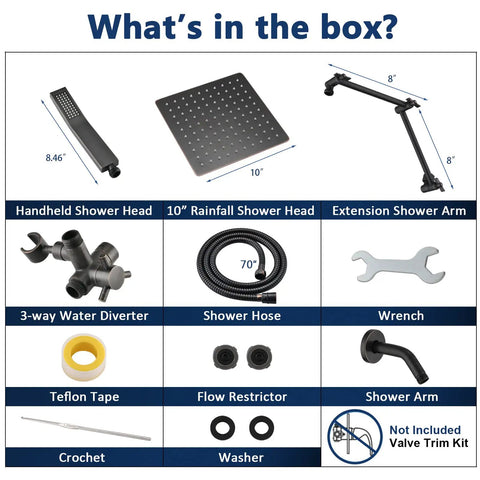 Box contents of 10 Inch Rainfall Shower Head With 16 Inch Adjustable Extension Arm And Handheld Combo in oil rubbed bronze shown.