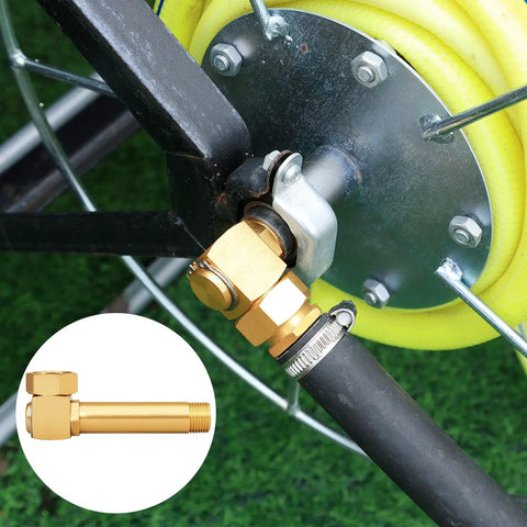 Brass Garden Hose Reel Replacement Fitting Three Quarter Inch GHT Female To One Half Inch NPT Male Swivel Elbow Adapter 4.72 Inch Length 1 Pack Includes Gasket Set And Sealing Tape For Leak Free Installation installed on hose reel
