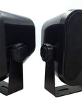 Rock Hard 4 Inch Marine Grade Box Pods Built To Crush It Every Single Day With Hella Tough Waterproof Seals For ATV UTV Golf Carts Boats And Pickup Trucks side view of compact black waterproof speaker pods with mounting brackets