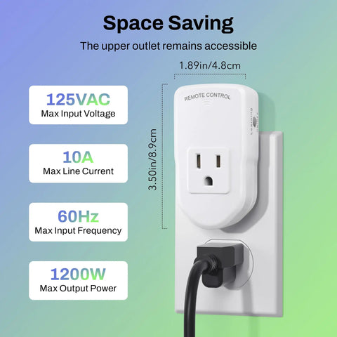 Wireless Remote Control Outlet Kit With 3 Outlets And 1 Remote For Lights And Fans And Christmas Lights And Small Appliances No Hassle No Fuss Plug And Play Long Range Up To 100ft 1200W 10A ETL FCC Certified shown in use with specifications highlighted
