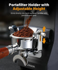 64mm Burr Coffee Grinder For Home Barista Use With Commercial Grade Precision And 100 Grind Settings Die Cast Aluminum Housing showing portafilter holder with adjustable height.