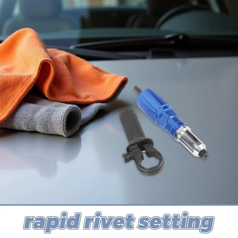 Electric Rivet Nut Tool Adapter Kit With Aluminum Alloy Converter Head And Plastic Case Cordless Drill Attachment For Metalwork And Furniture Assembly with cleaning cloths on table