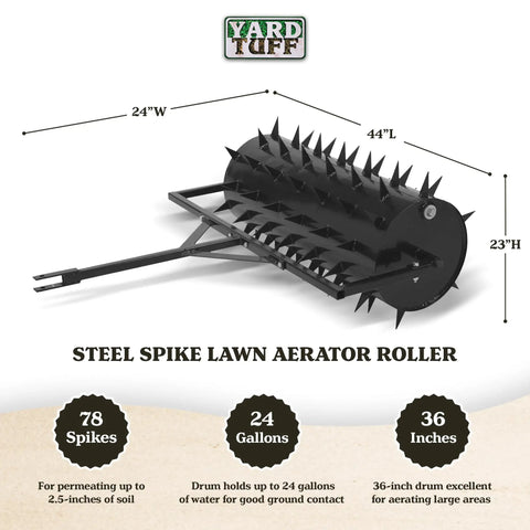 36 Inch Wide Lawn Aerator Roller With 78 Steel Spikes And 24 Gallon Water Holder, designed for use behind mower or ATV