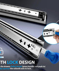 Beefy 22 Inch Locking Drawer Slides, Full Extension Side Mount With Ball Bearing, 145 Lb Load shown with lock mechanism.