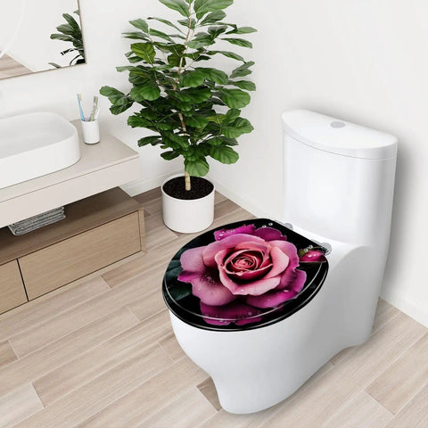 Toilet Seat Slow Close, Bathroom with floral design, round shape, decorative rose pattern on lid.