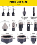 Front view of a 13-piece diamond core drill set with 6–100mm bits; includes 20mm milling, 50mm chamfer, HEX/SDS adapters.