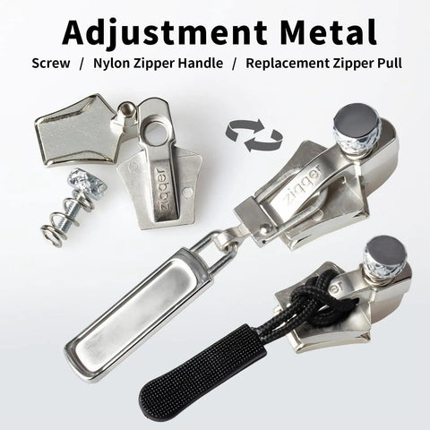 Universal Zipper Repair Kit With 3 Slider Sizes And 6 Replacement Pulls for jackets, backpacks, and bags, silver components
