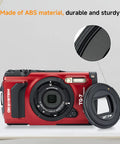 Red Olympus TG-7 camera with Waterproof Lens Cap Cover Protector For Olympus Tough TG Series Cameras TG-7 TG-6 TG-5 TG-4 TG-3 TG-2 TG-1 Rotate To Open Or Close Replaces LB-T01 Lens Barrier Keeps Lens Safe And Ready For Action.