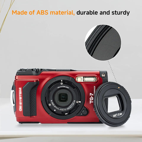 Red Olympus TG-7 camera with Waterproof Lens Cap Cover Protector For Olympus Tough TG Series Cameras TG-7 TG-6 TG-5 TG-4 TG-3 TG-2 TG-1 Rotate To Open Or Close Replaces LB-T01 Lens Barrier Keeps Lens Safe And Ready For Action.