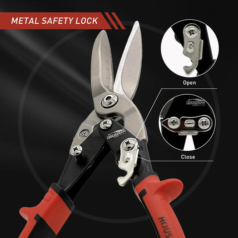Close-up of 12 Inch Aviation Snips For Long Straight Cuts In Tin And Metal Sheets Heavy Duty CR MO Metal Cutters with safety lock