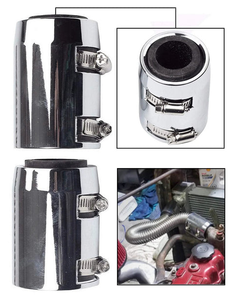 Set of three chrome stainless radiator hose pieces with caps and clamps; universal 24-inch coolant hoses.
