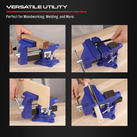 Heavy Duty Four And A Half Inch Tough As Nails Bench Vise With Multi Jaw Design for woodworking and metalworking on a workbench