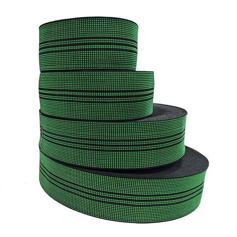 Hella Tough One Point Eight Inch Latex Upholstery Webbing Repairs Sagging Couch And Chair Seats Stops Bottoming Out With Solid Rubber Stretch Reliable For Hammocks And Fast DIY Household Fixes stacked rolls of green and black rubber webbing