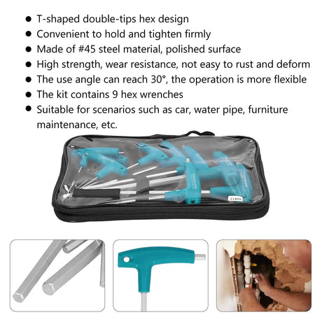Heavy Duty Hex Wrench Kit With Double Tips T Handle For Precise Screw Tightening Made From Premium 45 Steel Tool Set That Holds Up Tough Jobs, 9-piece in case