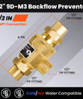 Angled side view of brass 1/2-inch backflow preventer with dual check valves and atmospheric vent.