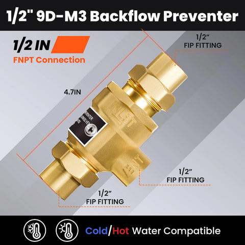 Angled side view of brass 1/2-inch backflow preventer with dual check valves and atmospheric vent.