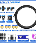 6mm OD PU Air Tubing Kit with 10 Meter Roll and 29 Push to Connect Fittings displayed with tools and accessories