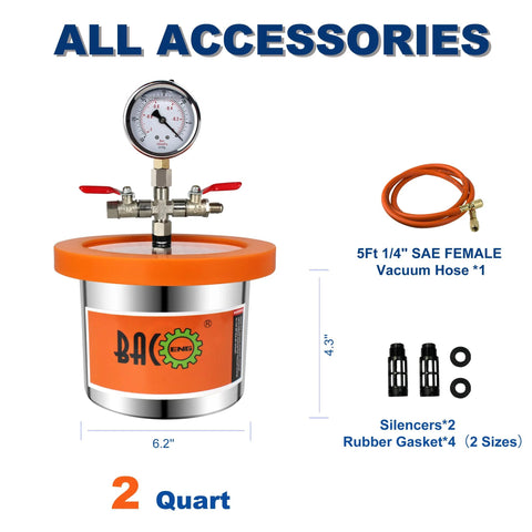 BACOENG 2-Quart stainless steel vacuum chamber kit with orange lid, gauge, and valves; includes 5ft vacuum hose