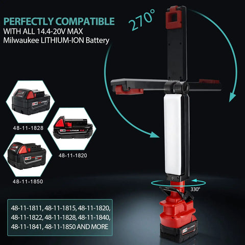 2400LM LED Work Light Clip On Light for Milwaukee M18 18V Battery showing 330° rotation with battery compatibility