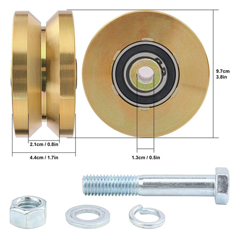 Built Like A Tank 4 Inch Sliding Gate Rollers Wheels 2 Pack, gold V groove track wheels with bolts and washers for heavy gate support.