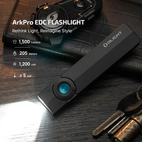 ArkPro EDC Flat Flashlight Rechargeable USB C Pocket Light With 1500 Lumen Flood, black with blue button on wooden surface
