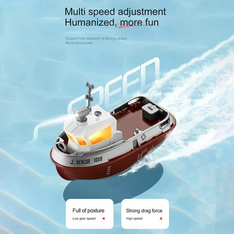 RC Tugboat Remote Control Boat For Pools And Lakes 2.4GHz Anti Interference Control LED Lights Rotating Searchlight on water