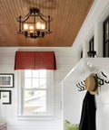 Farmhouse 4 Light Ceiling Fixture, 18-Inch Rustic Drum Cage Semi Flush Mount Light In Black And Wood Grain Finish
