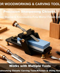 Heavy Duty Chisel Sharpening Jig Locking Fixed Angles For Razor Sharp Edges Dead On Target Every Time, with honing stones and chisels.