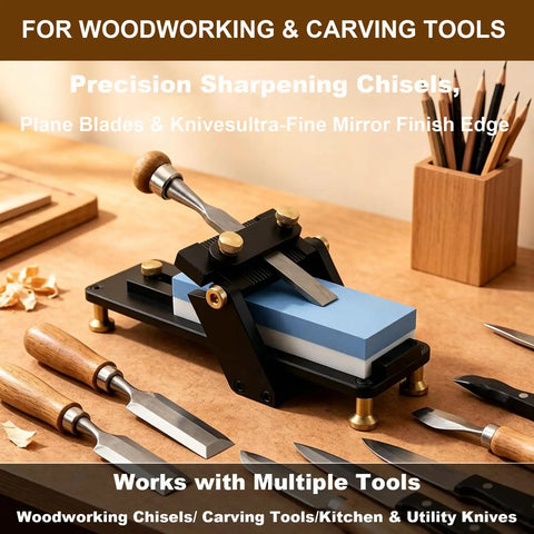Heavy Duty Chisel Sharpening Jig Locking Fixed Angles For Razor Sharp Edges Dead On Target Every Time, with honing stones and chisels.