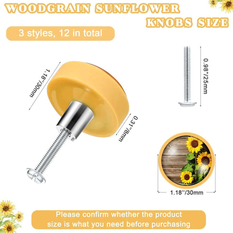 Hella Awesome Sunflower Drawer Knobs And Cabinet Pulls Set Of Twelve Vintage Rustic Home Fixture Top Shelf Quality For A Chill Bedroom Or Kitchen Vibe Easy DIY Refresh With Premium Mounting Screws showing yellow knob size 1.18 inches.