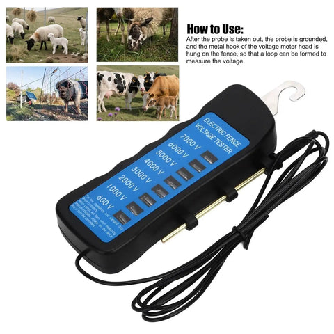 High Precision Electric Fence Voltage Tester With Six Neon Indicator Lights Ultra Portable Fence Meter For Livestock Pros And Orchard Fences Keeping Safety Checks Simple And Quick Detect Faults Fast. Handheld black plastic tester with hook and probe