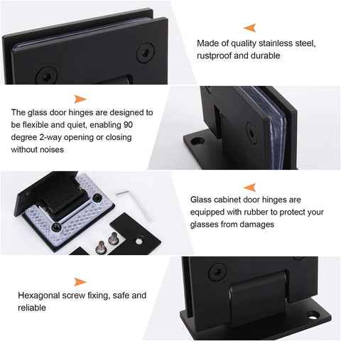 2 Pack Glass Shower Door Hinges With Mounting Hardware In Black For Three Eighths To One Half Inch Glass Stainless Steel 90 Degree
