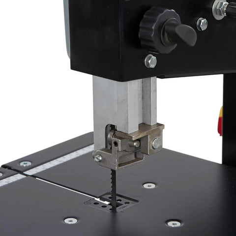 Close-up view of the cutting blade on the Badass Heavy Duty Steel Benchtop Band Saw With 2.2 Amp Motor.