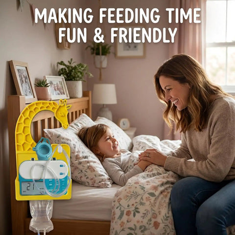 Feeding Pump Organizer For Infinity With One Click Tool Free Install Cute Giraffe Design Holder in use beside child's bed.